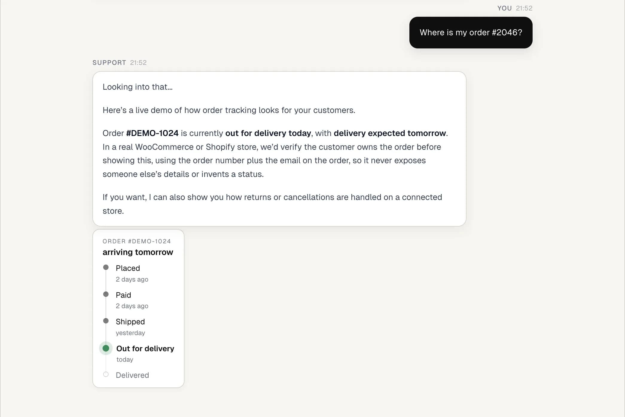 The OmniOps widget answering 'Where is my order?' with a live order-tracking timeline showing placed, paid, shipped and out for delivery