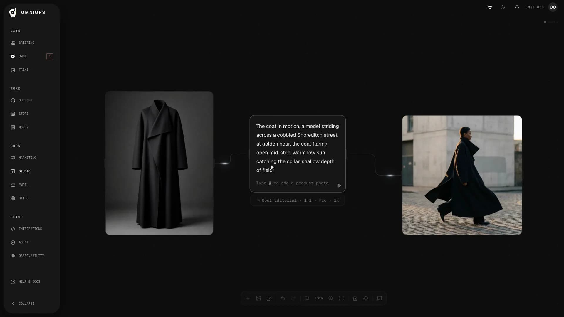 The Studio canvas showing a real session: a product photo of a long wool coat, the written brief, and the finished golden-hour street shot, connected as cards.