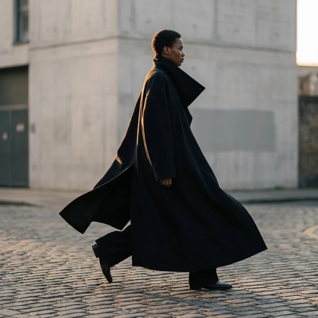 A photograph generated by the Studio: a long black wool coat worn mid-stride on a cobbled street at golden hour, in the Cool Editorial look.