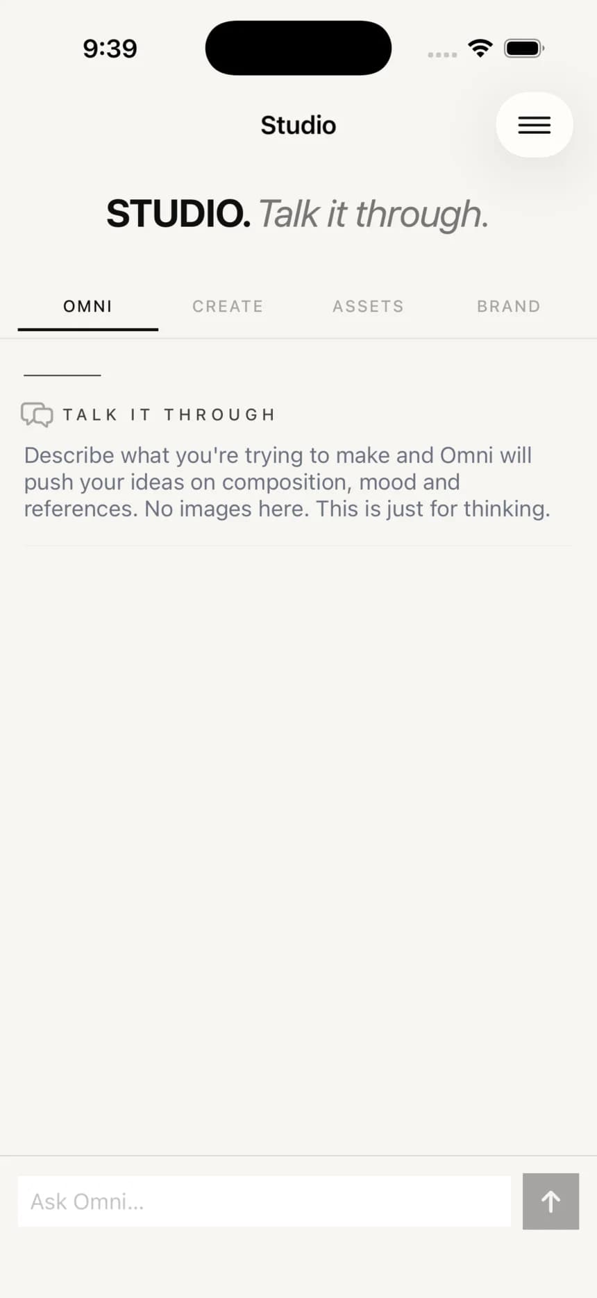 The OmniOps iPhone app open on the Studio screen, showing the Omni, Create, Assets and Brand rooms with an Ask Omni prompt at the bottom.