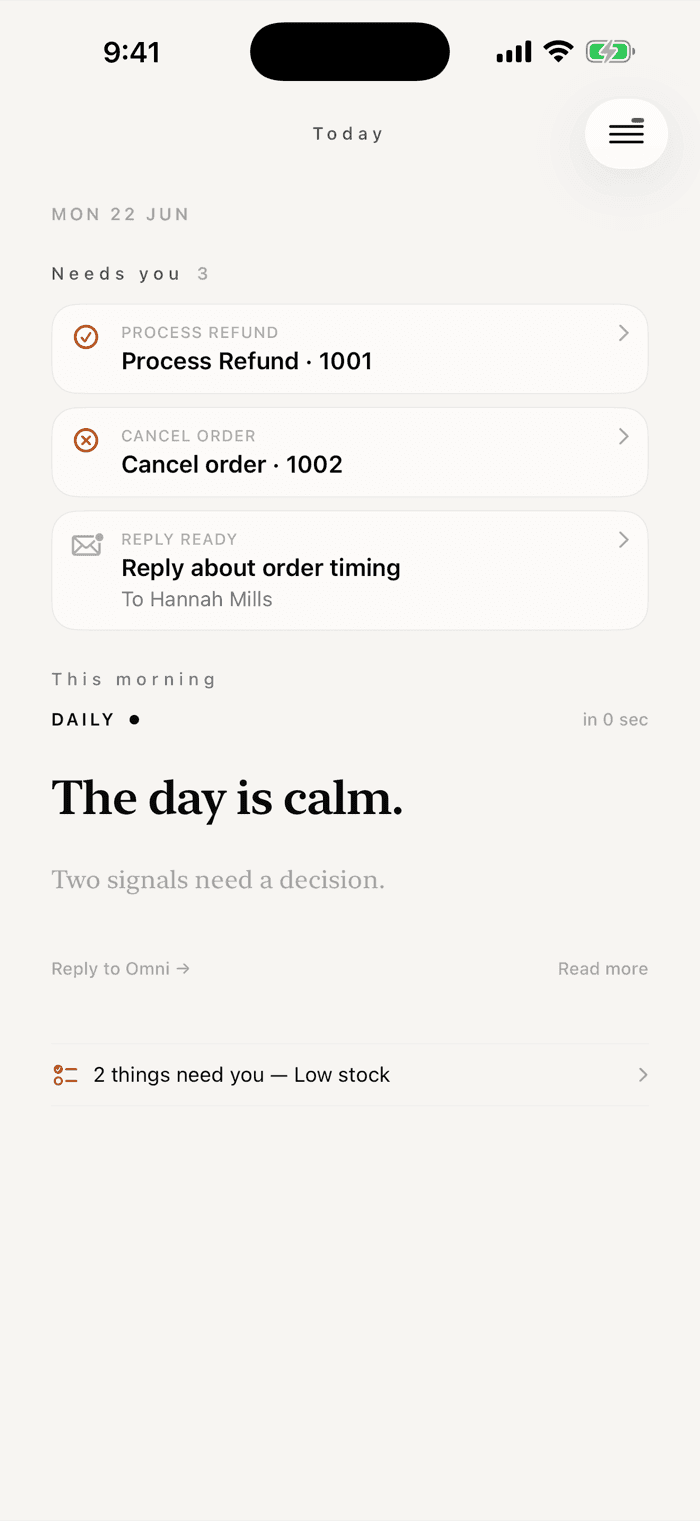 The morning brief in the Omniops iOS app
