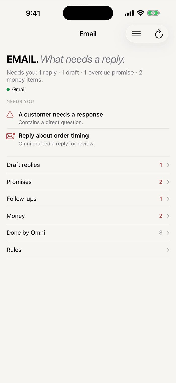 An inbox that handles itself in the Omniops iOS app
