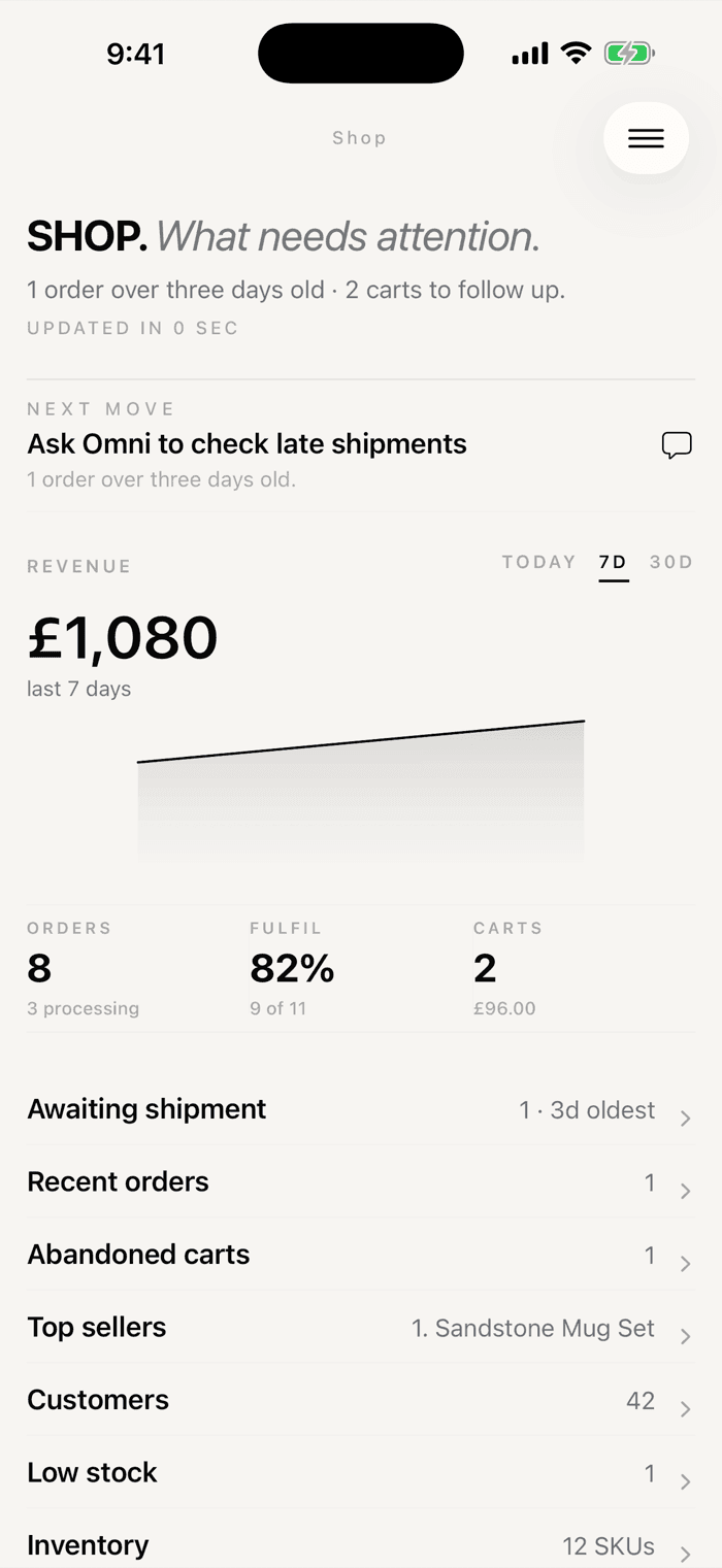 The shop dashboard in the Omniops iOS app