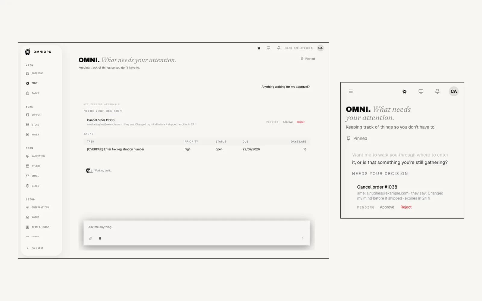 The same cancellation approval shown twice: the approve and deny card in Omni chat on a desktop dashboard, and the identical card on a phone