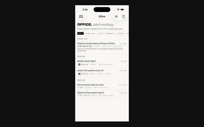 The Office page in the Omniops iPhone app listing coding sessions running on a Mac.