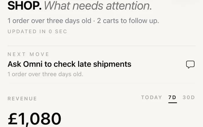 The shop overview in the OmniOps iPhone app with orders and stock.