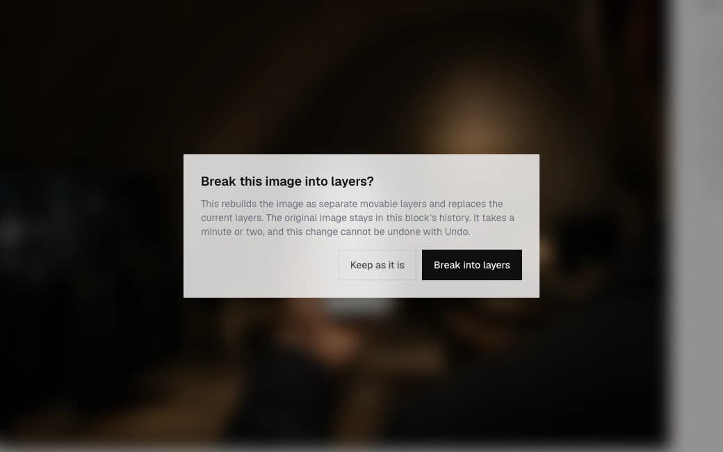 The OmniOps Studio editor with a confirmation dialog reading Break this image into layers, explaining that it rebuilds the image as separate movable layers, takes a minute or two, and cannot be undone with undo.