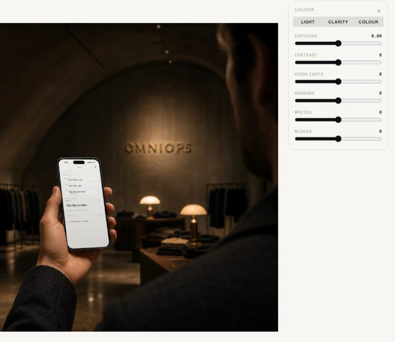 The OmniOps Studio editor with the colour panel open, showing light, clarity and colour tabs and sliders for exposure, contrast, highlights, shadows, whites and blacks over a photograph of a shop interior.