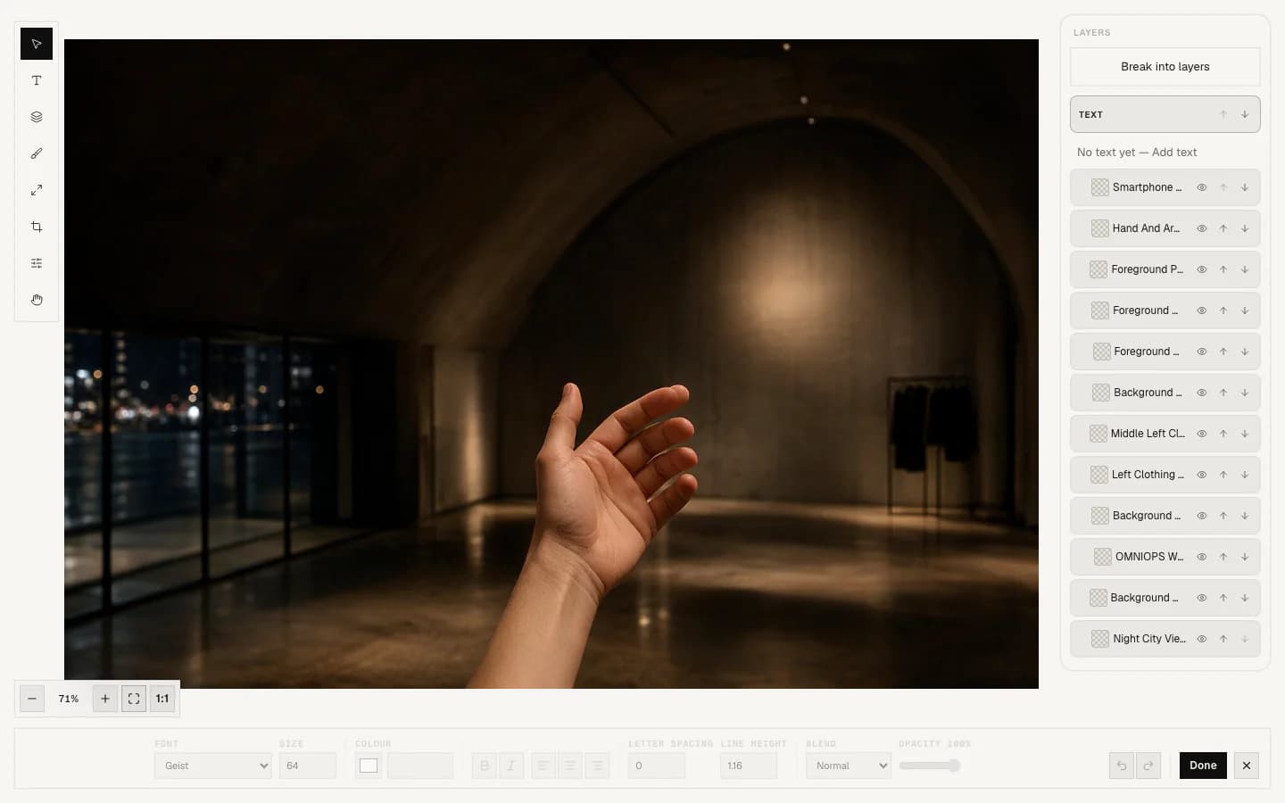 The OmniOps Studio editor showing a photograph of a shop interior with a hand in the foreground, and a layers panel listing separate movable pieces including the smartphone, the hand and arm, the clothing rails and the night city view.