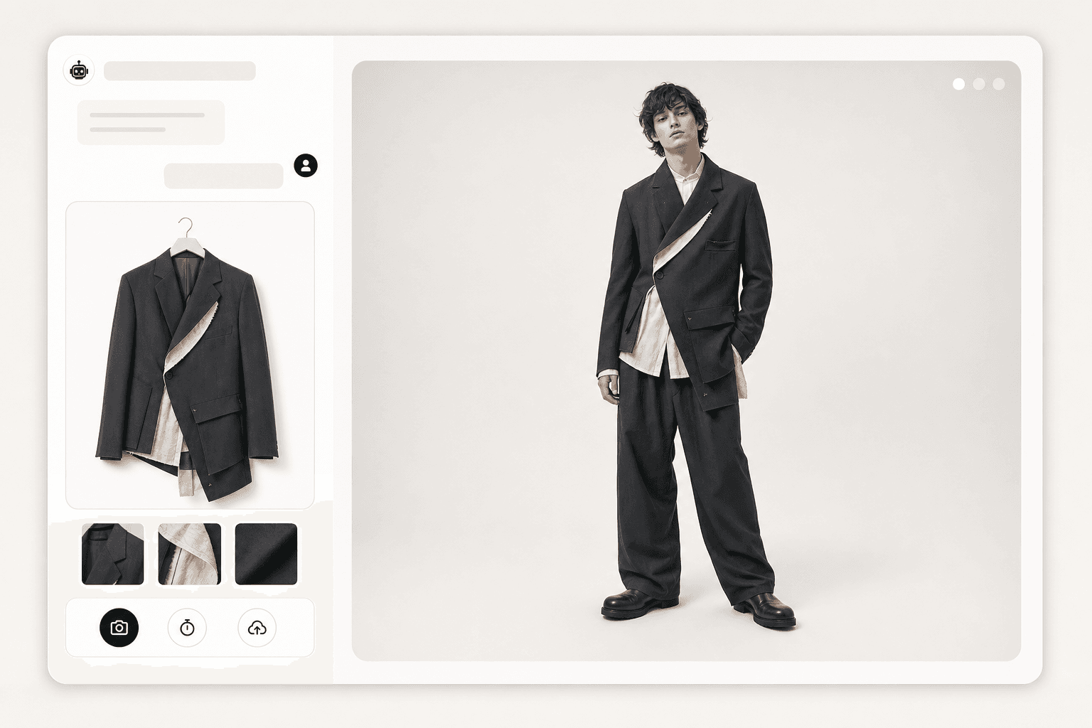 Mockup of OmniOps ecommerce chat showing an avant-garde deconstructed jacket product image, photo capture controls and an AI virtual try-on preview on a neutral studio background.