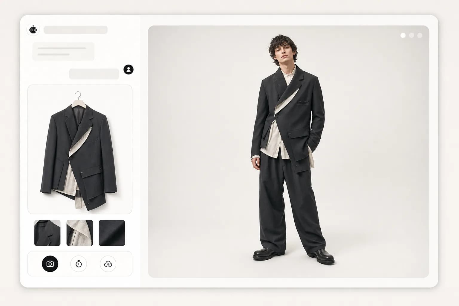 Mockup of OmniOps ecommerce chat showing an avant-garde deconstructed jacket product image, photo capture controls and an AI virtual try-on preview on a neutral studio background.