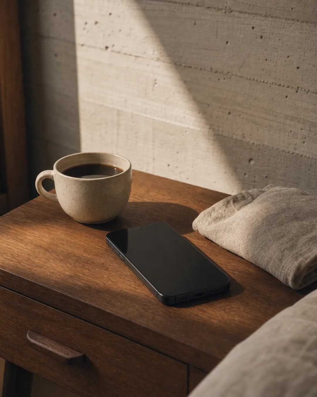 Matte-black phone and a coffee on a warm walnut bedside table, morning light across a concrete wall