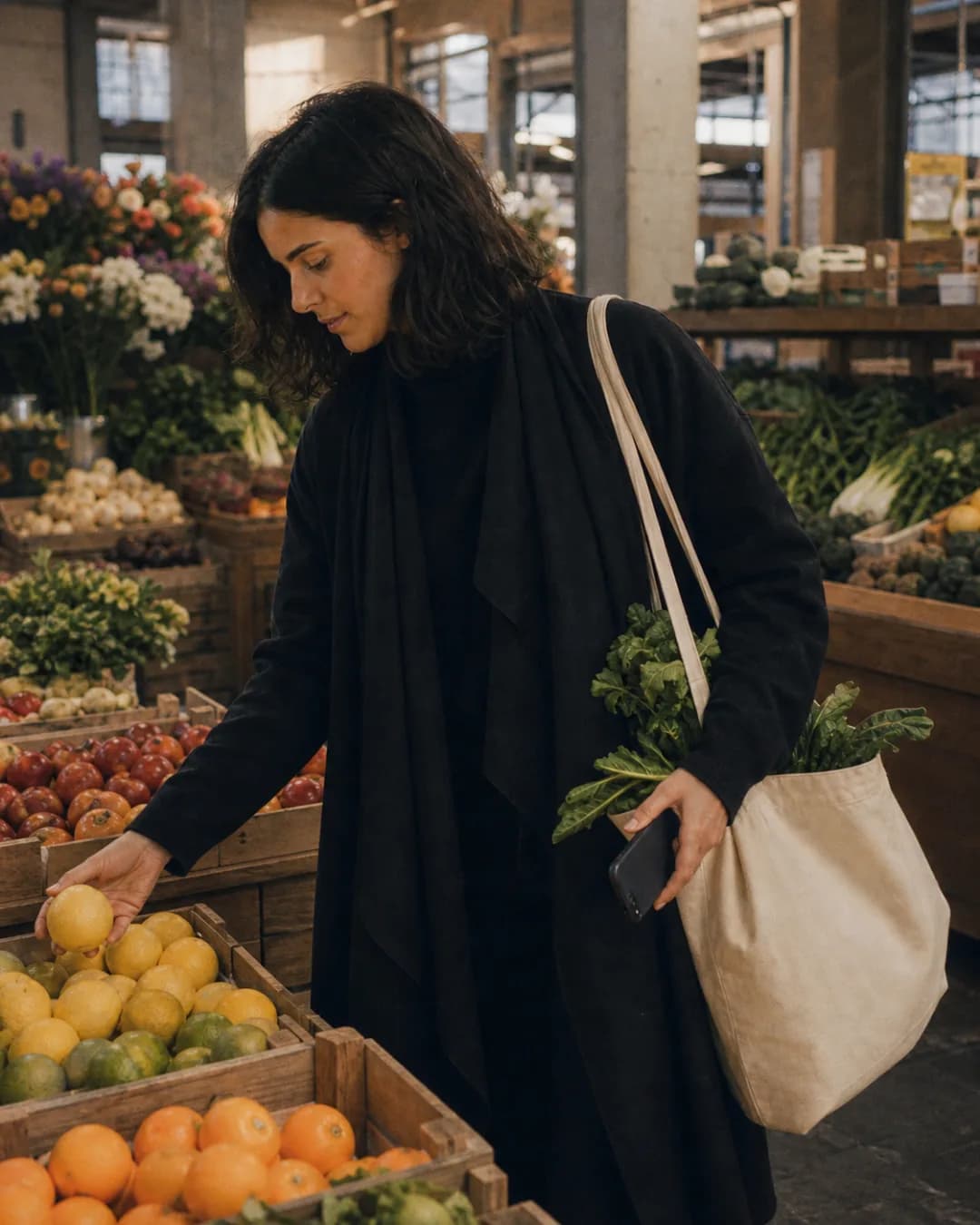 Founder choosing fruit at a market, a canvas tote of produce on her shoulder, the phone in her hand